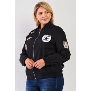 NWT - Women’s Curvy Plus Retro Patches Front Zipper Black Bomber Jacket Size 1XL